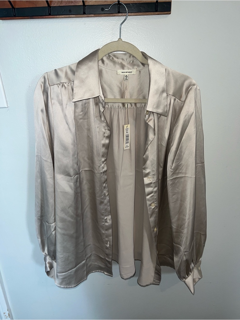 Max Studio Satin Button-Front Blouse in Light Taupe